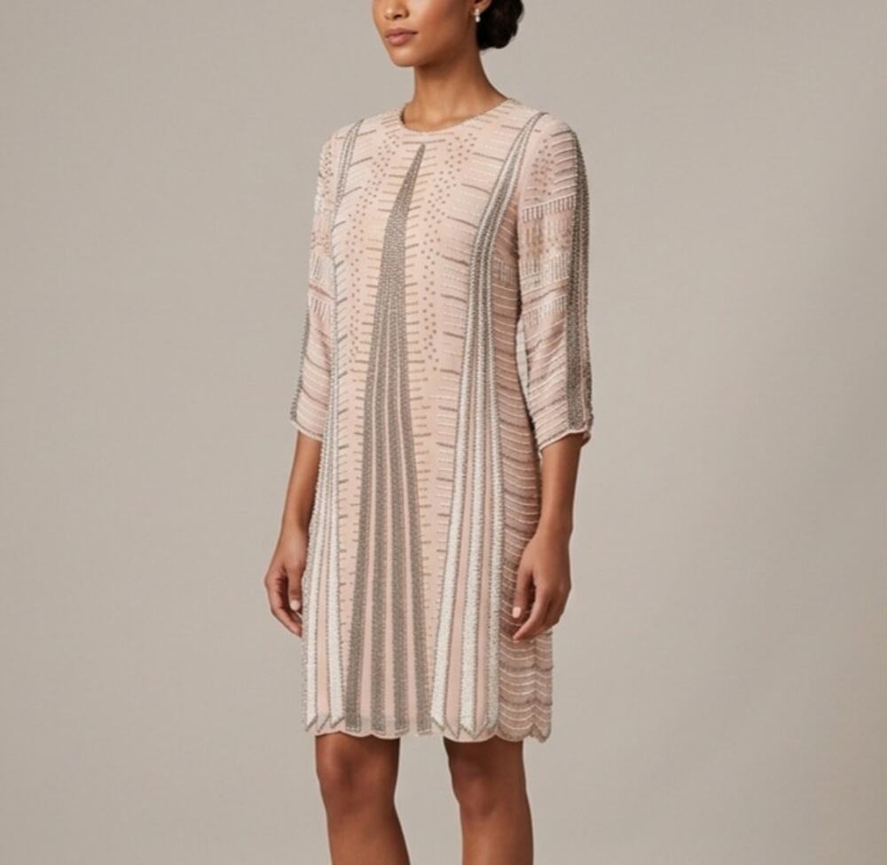 Parker Black Beaded 100% Silk Sheath Dress Blush Chiffon Rose Size 6